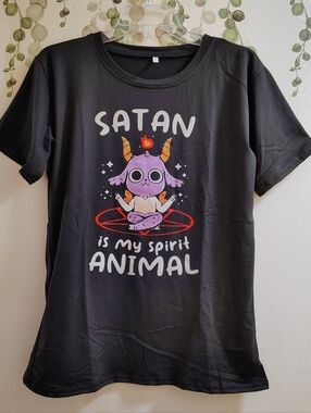 Satan Is My Spirit Animal Black Graphic Tee with Purple Devil Character